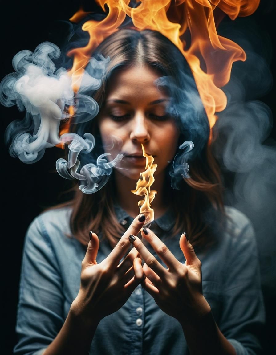 Ethereal Woman Conjures Fire and Smoke