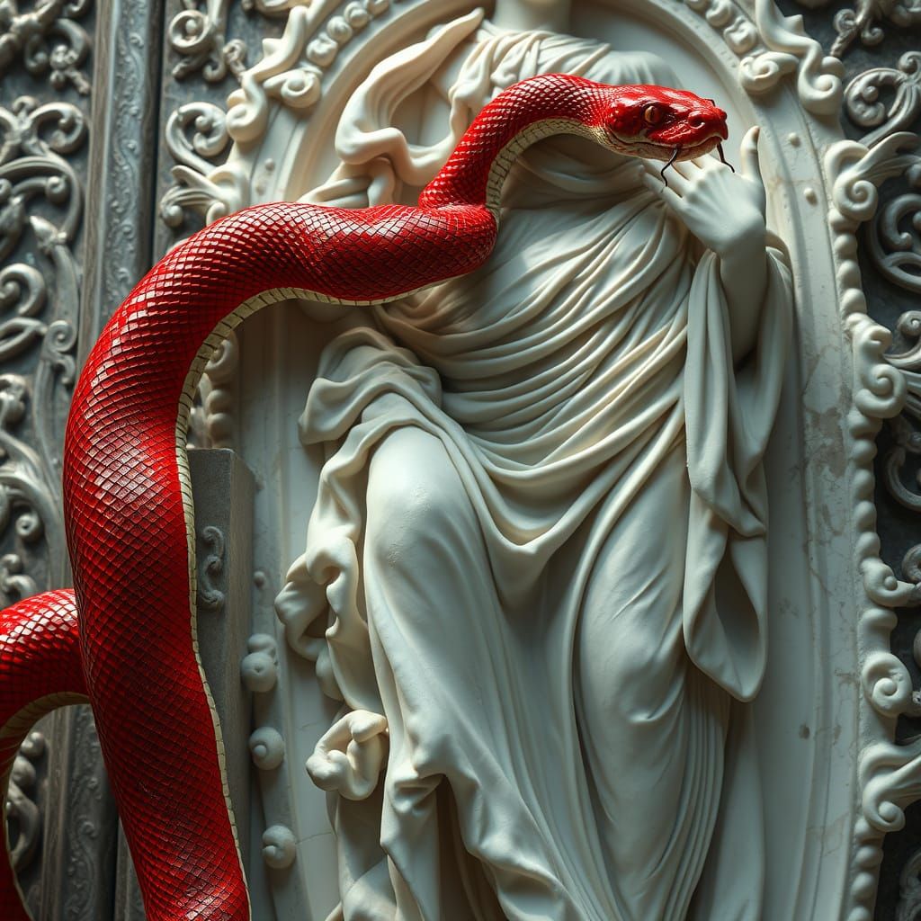 Hyperrealistic Snake on Marble Goddess Statue