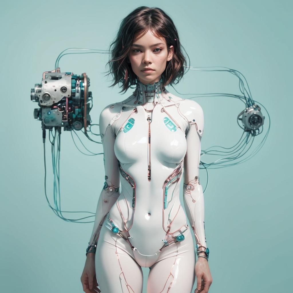 Introspective Cyborg Woman in Metallic Oil Painting Style