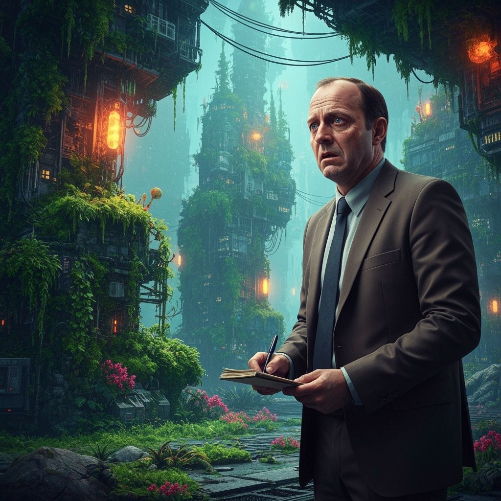 Dystopian Office: Surreal Splash Art in Hyperrealism Style