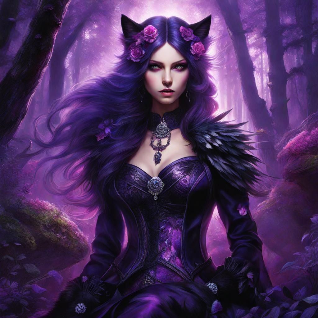 Fantasy Heroine Cat in Forest Fairy War