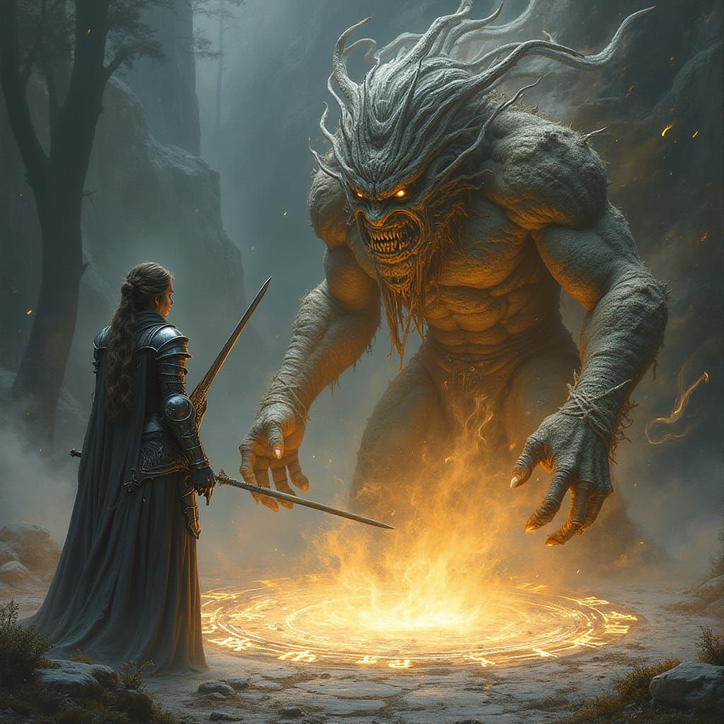 Knight Summons Earth Elemental in High Fantasy Style