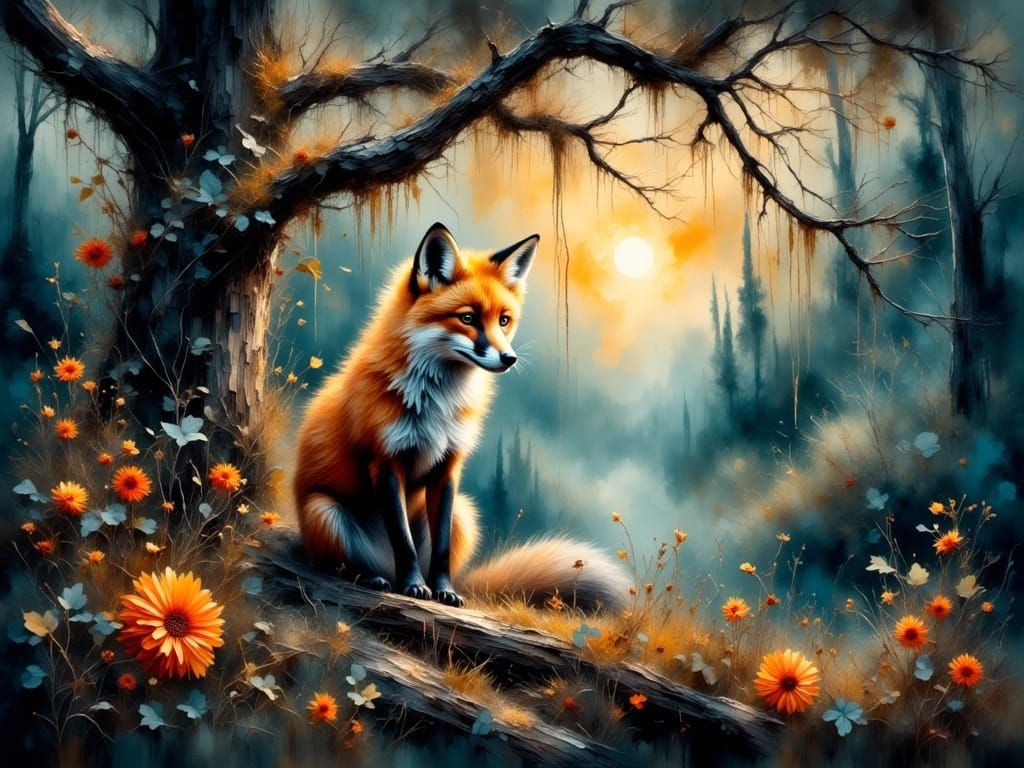 Vibrant Autumn Fox Amidst Starry Night Sky in Watercolor-Sty...