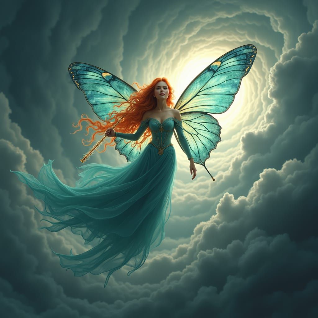 Ethereal Queen Soaring Through Storm with Butterfly Wings