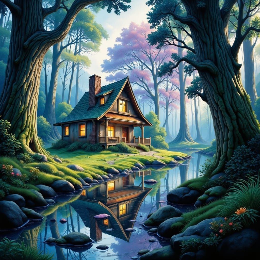 Whimsical Forest Cabin in Dappled Sunlight