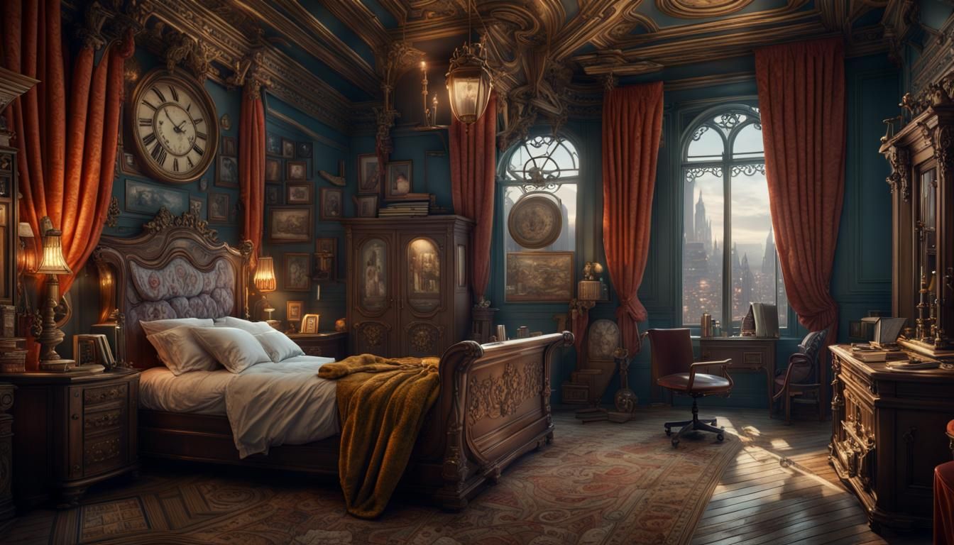 Victorian Steampunk Room with Investigators, Detailed Matte ...