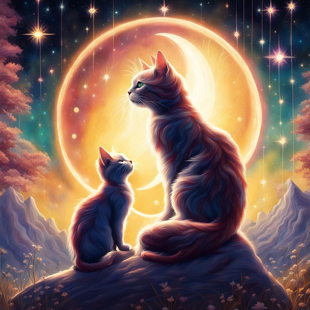 Cat and Kitten Watching Jeweled Stars