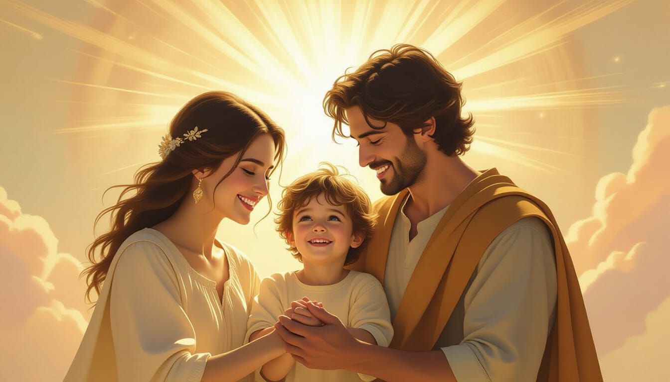 Joyful Family Holding Hands with Heavenly Glow