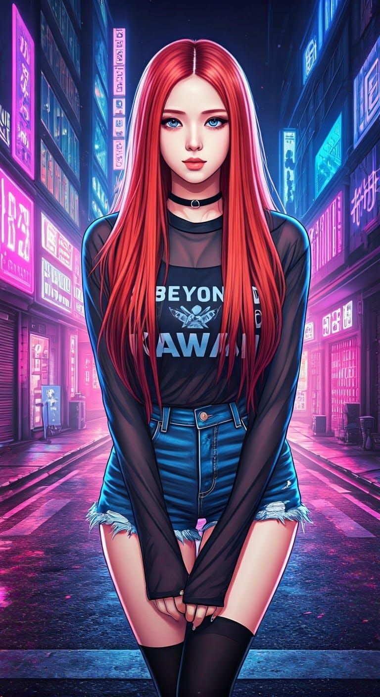 Korean Woman in Anime Style on Neon Street