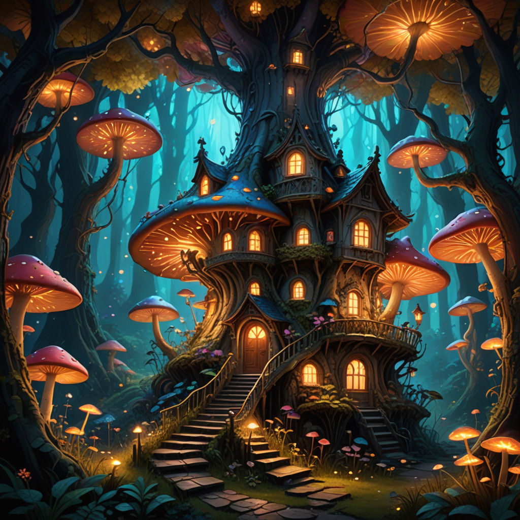 Whimsical Fantasy Scene of a Mushroom House in a Bioluminesc...