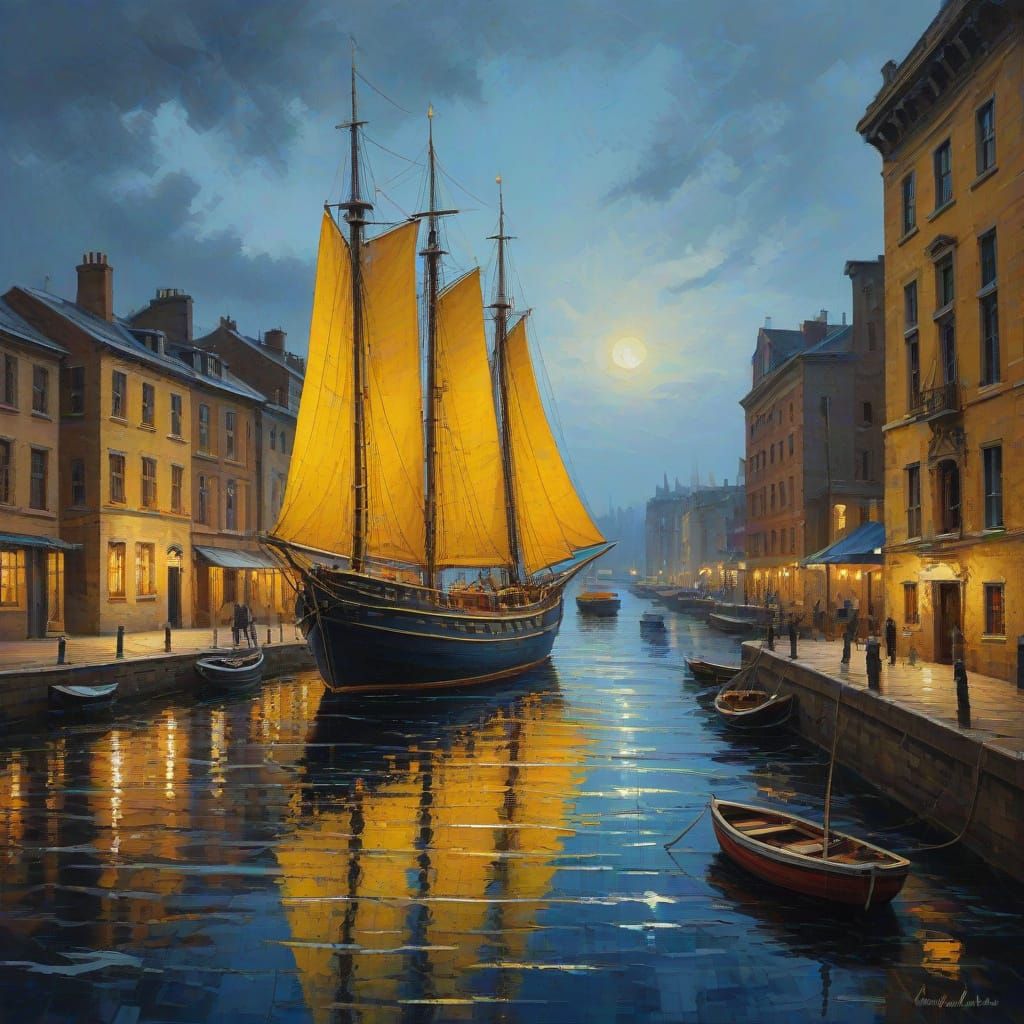 Impressionistic Harbor Cityscape with Sailing Ship