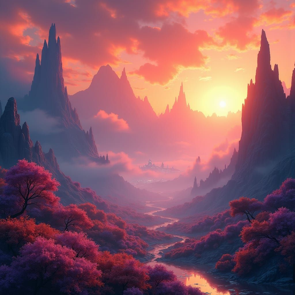 Dreamlike Alien Landscape with Crystal City