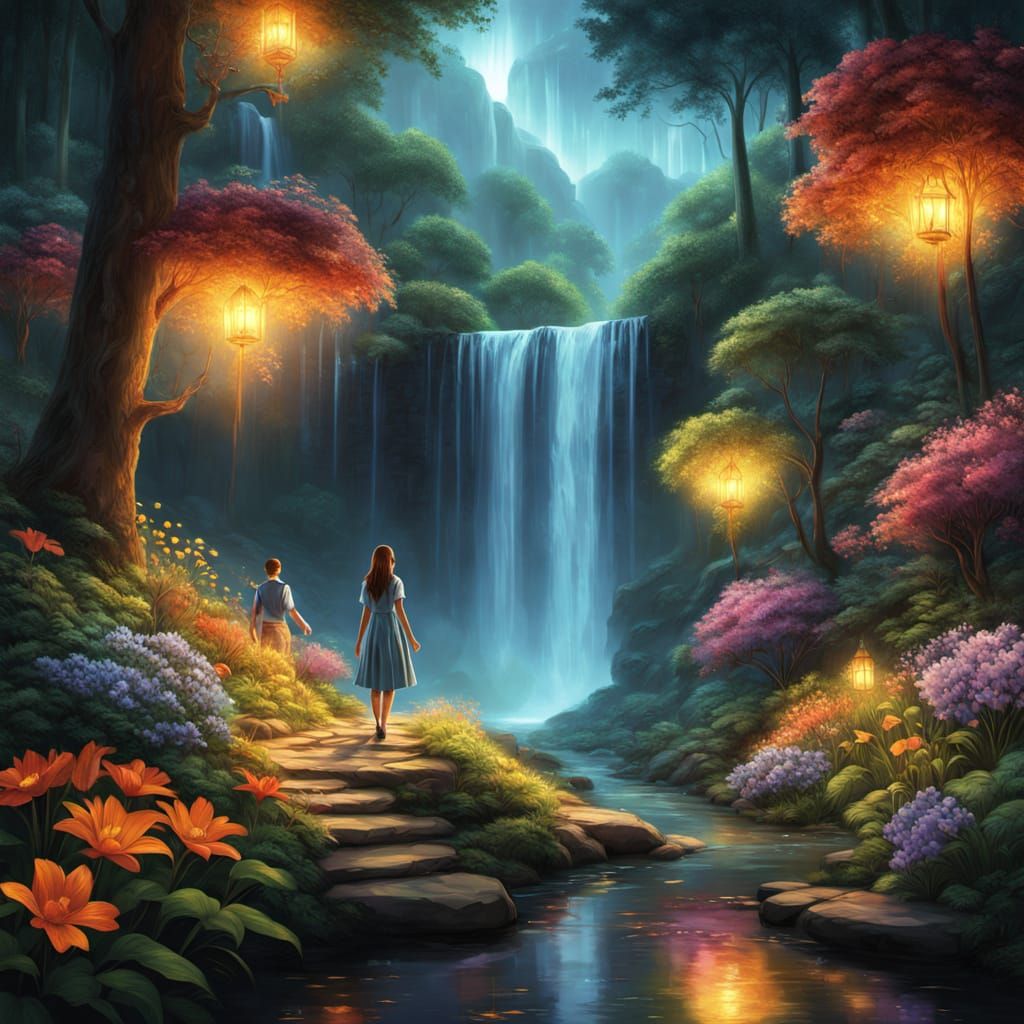 Woman in Magical Forest with Luminous Waterfall
