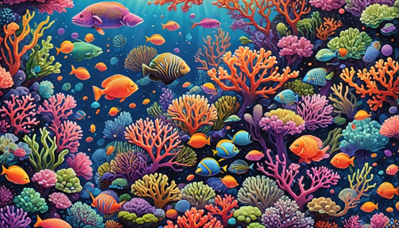Vibrant Coral Reef in Pointillism Style