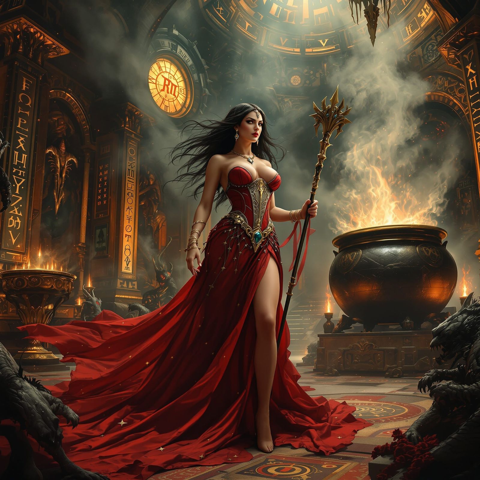 Sorceress Casting Spells in Opulent Fantasy Room