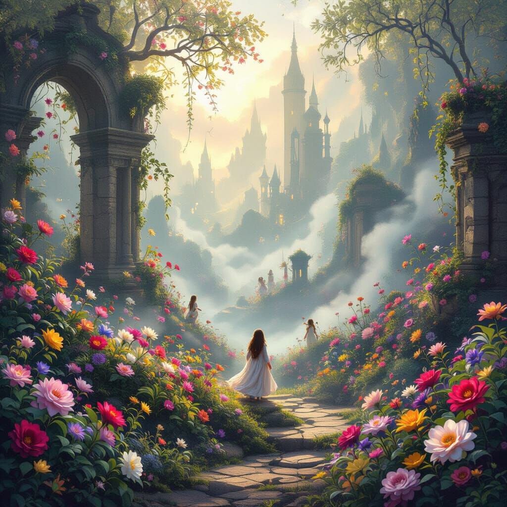 Ethereal Fantasy Landscape with Whimsical Characters