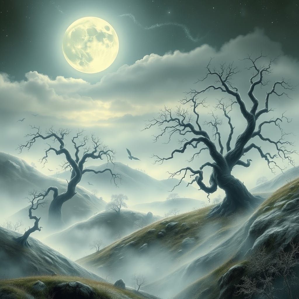 Moonlit Cathedral of Twisted Trees in an Otherworldly Landsc...