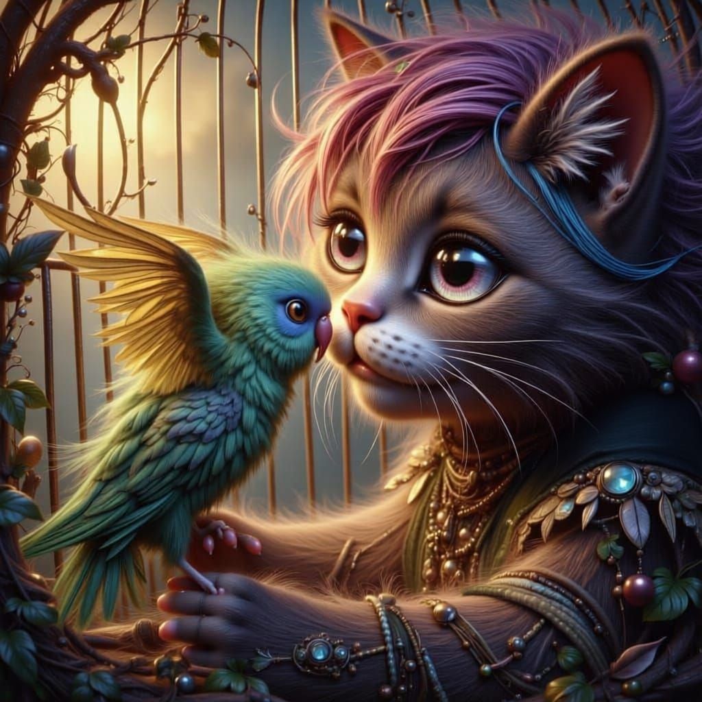 Cat Frees Parakeet Friend, Hyperrealistic Splash Art