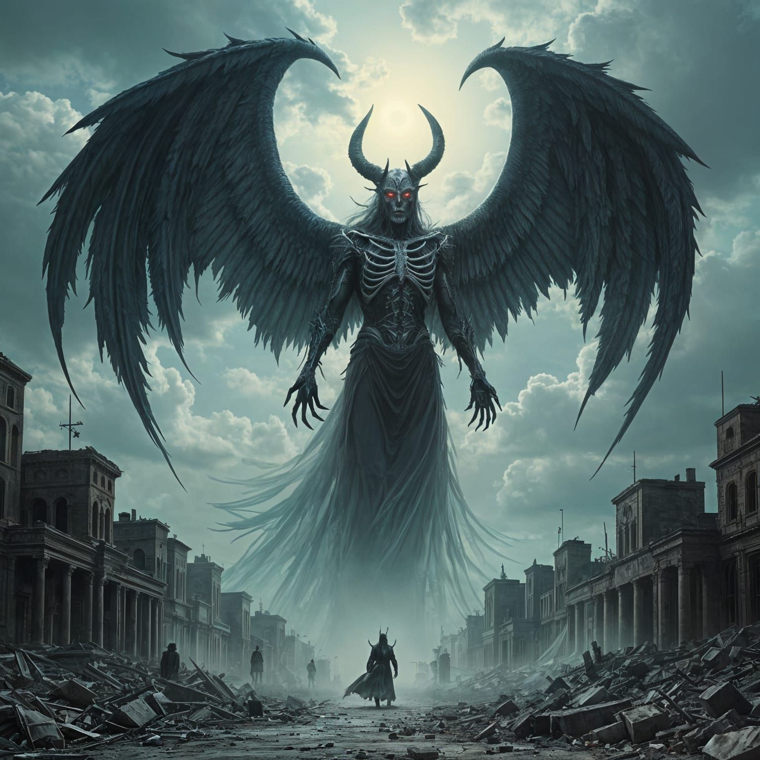 Demonic Angel Descends Upon a Ruined City in Dark Fantasy St...