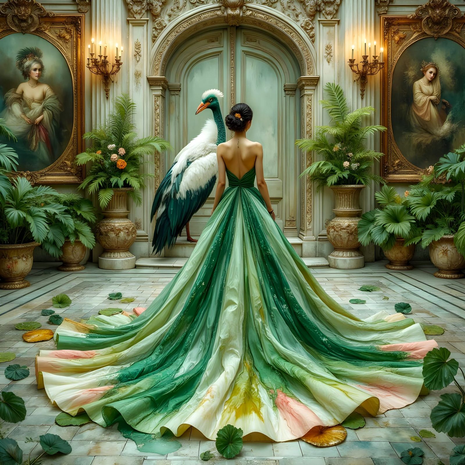 Woman and Bird in Ornate Ballroom