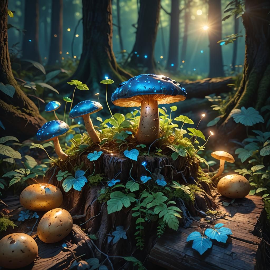 Mystical Potato with Glowing Veins in Fantasy Forest