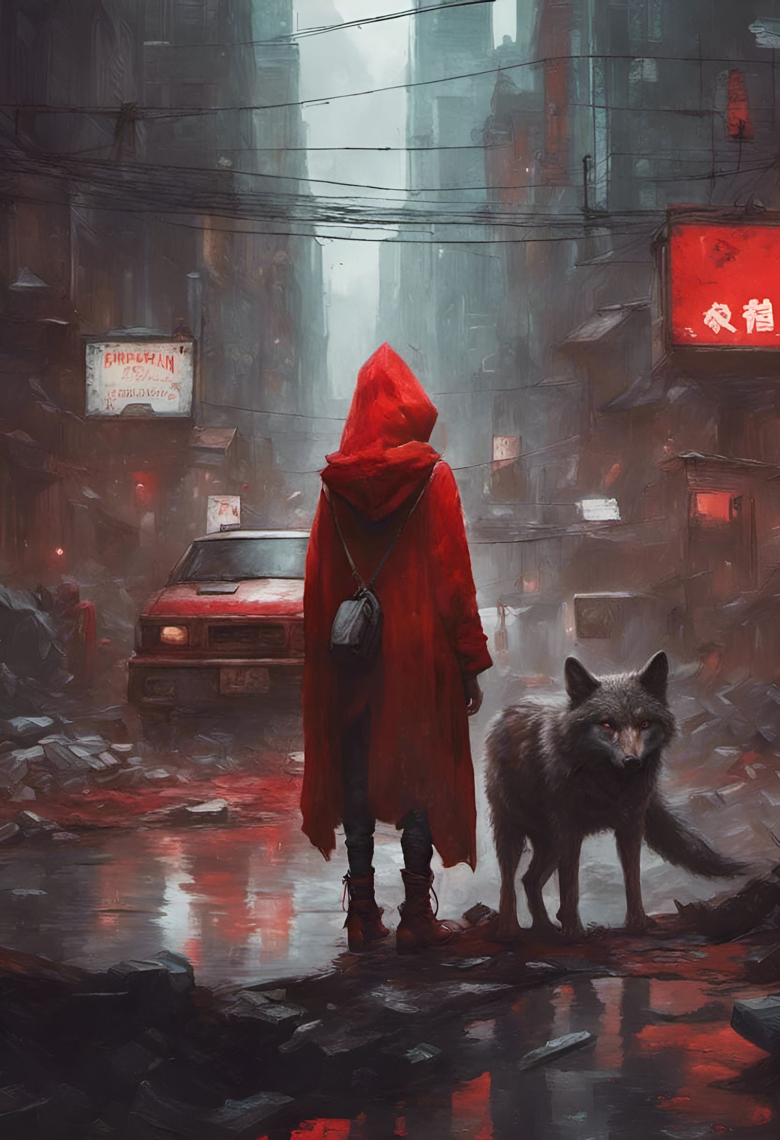 Red Riding Hood and Wolf in Cyberpunk Style