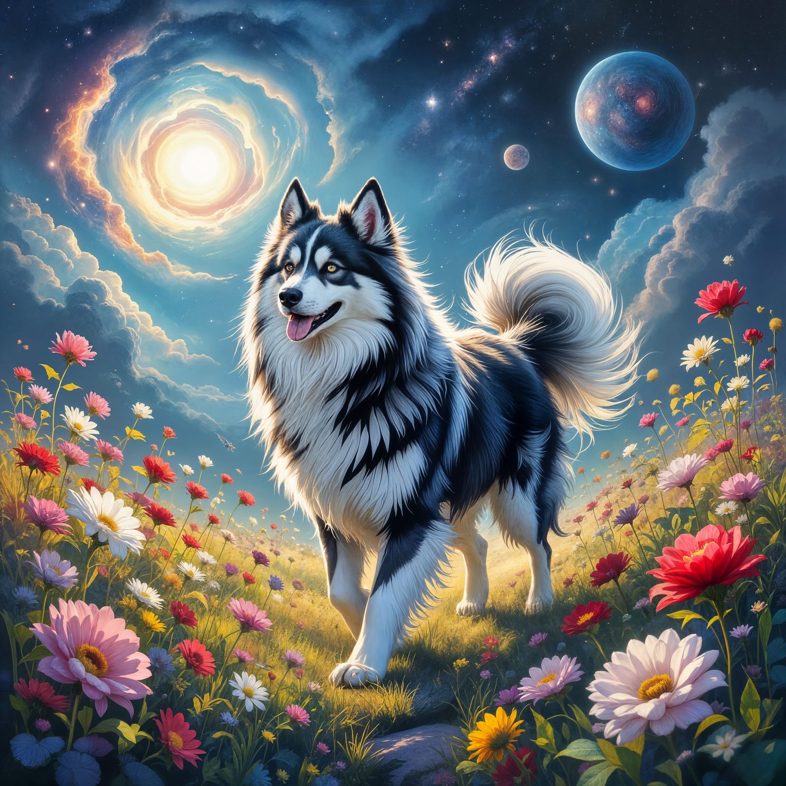 Ethereal Moonlight Dog in Cosmic Star Garden