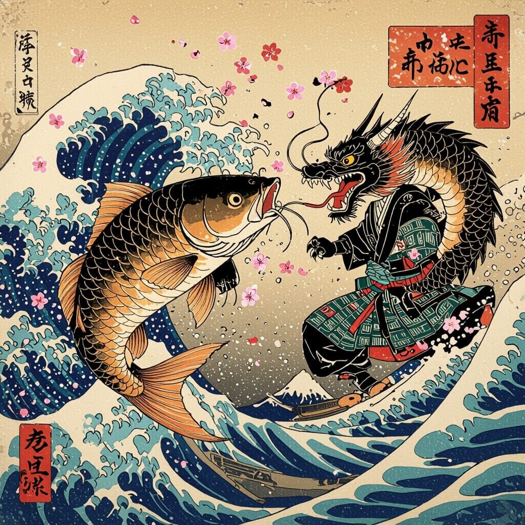 Catfish Warrior Battles Dragon in Japanese Woodblock Style