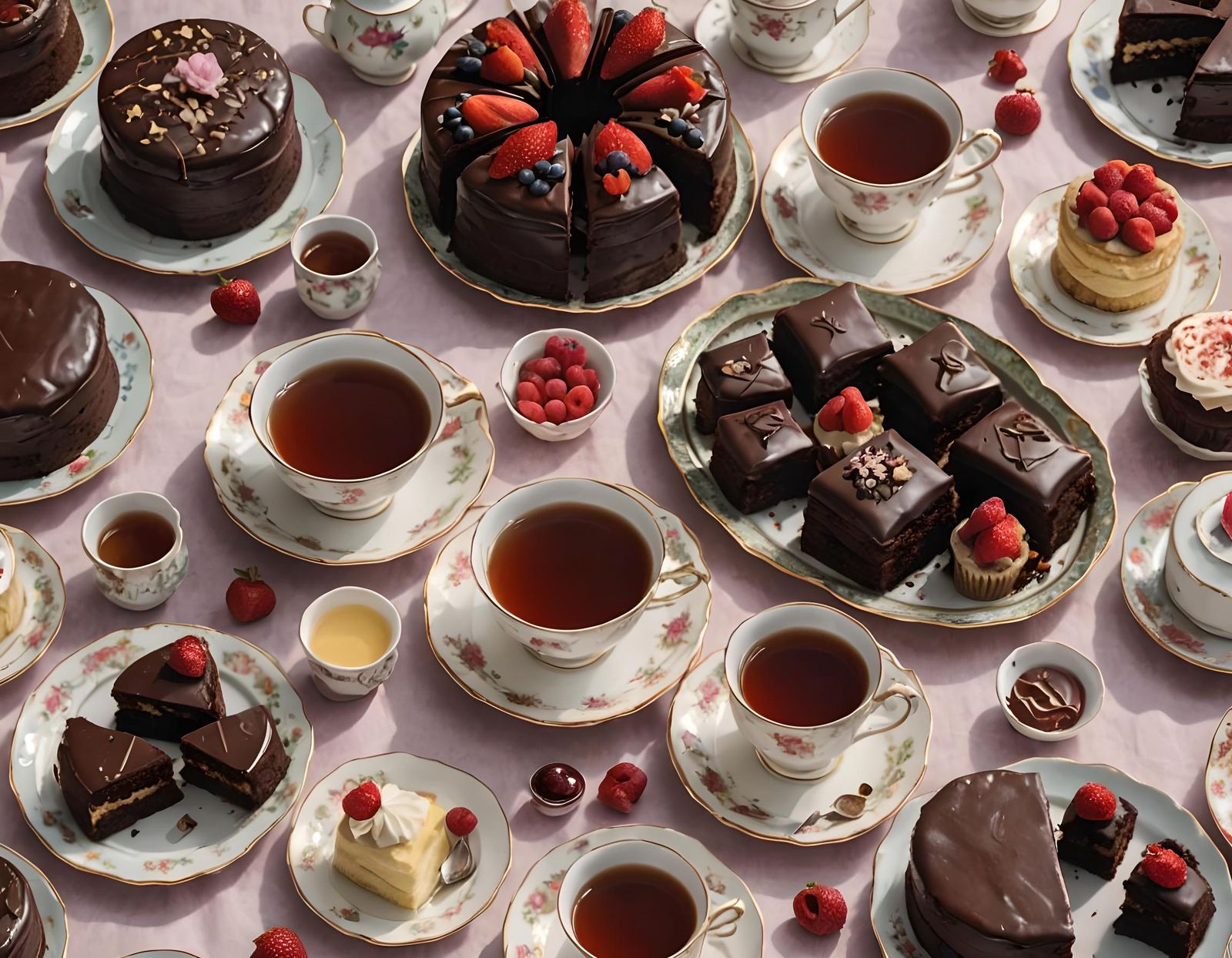 Elegant Tea, Chocolate, and Cakes Still Life