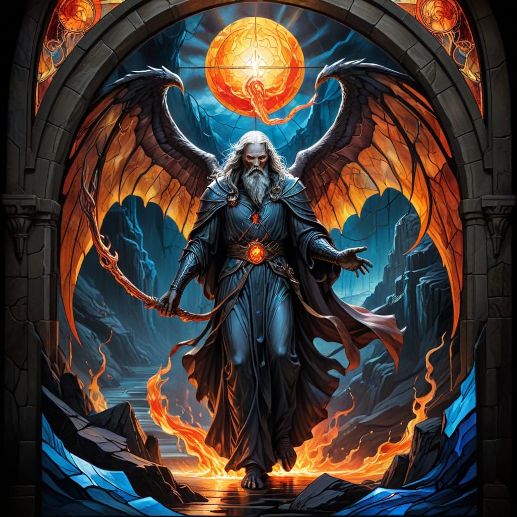 Stained Glass Angel of Death Watches Balrog Battle in Moria