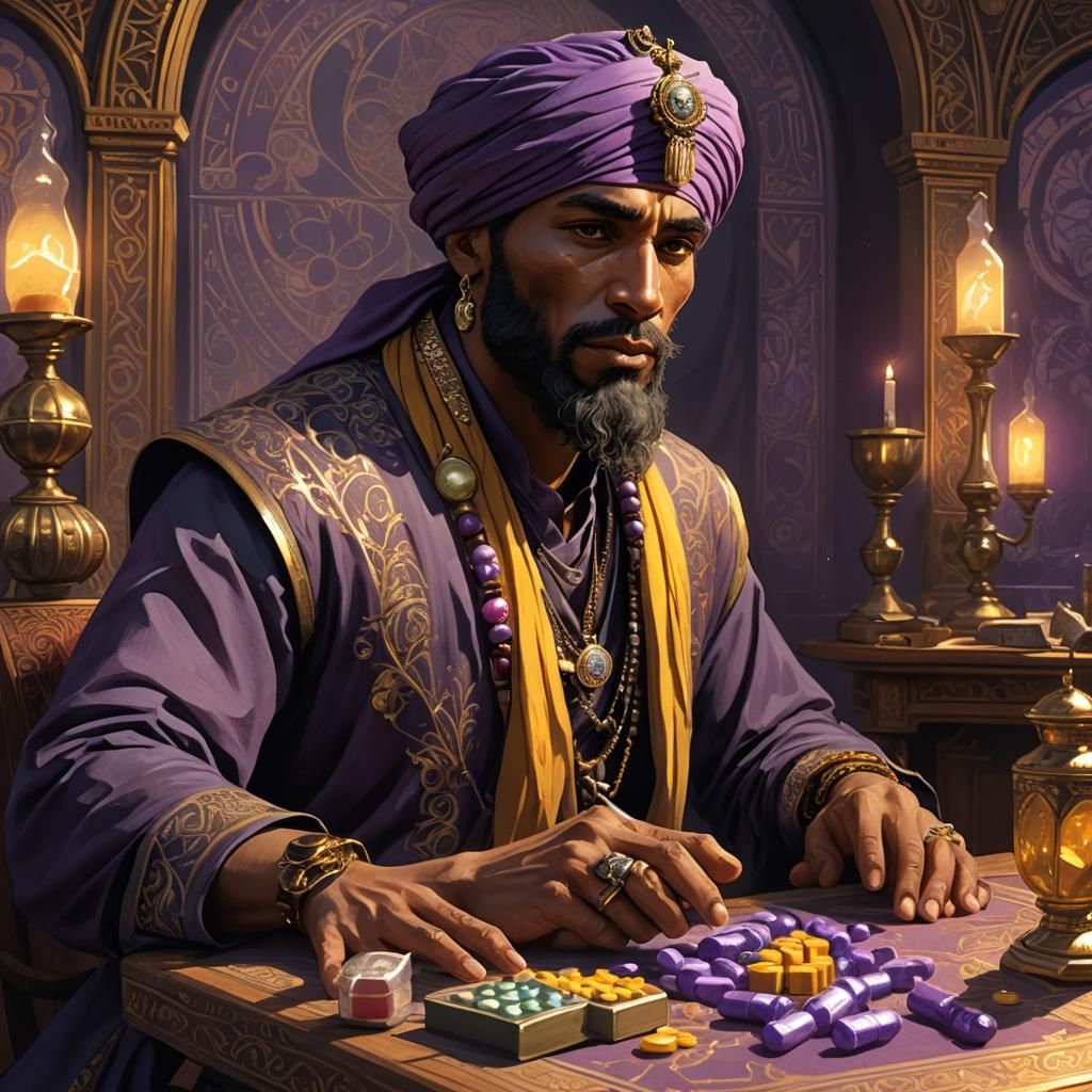 Turbaned Man with Pills and Gun in Dark Fantasy Style
