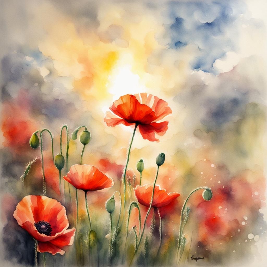 Poppy in Watercolour with Heavenly Light