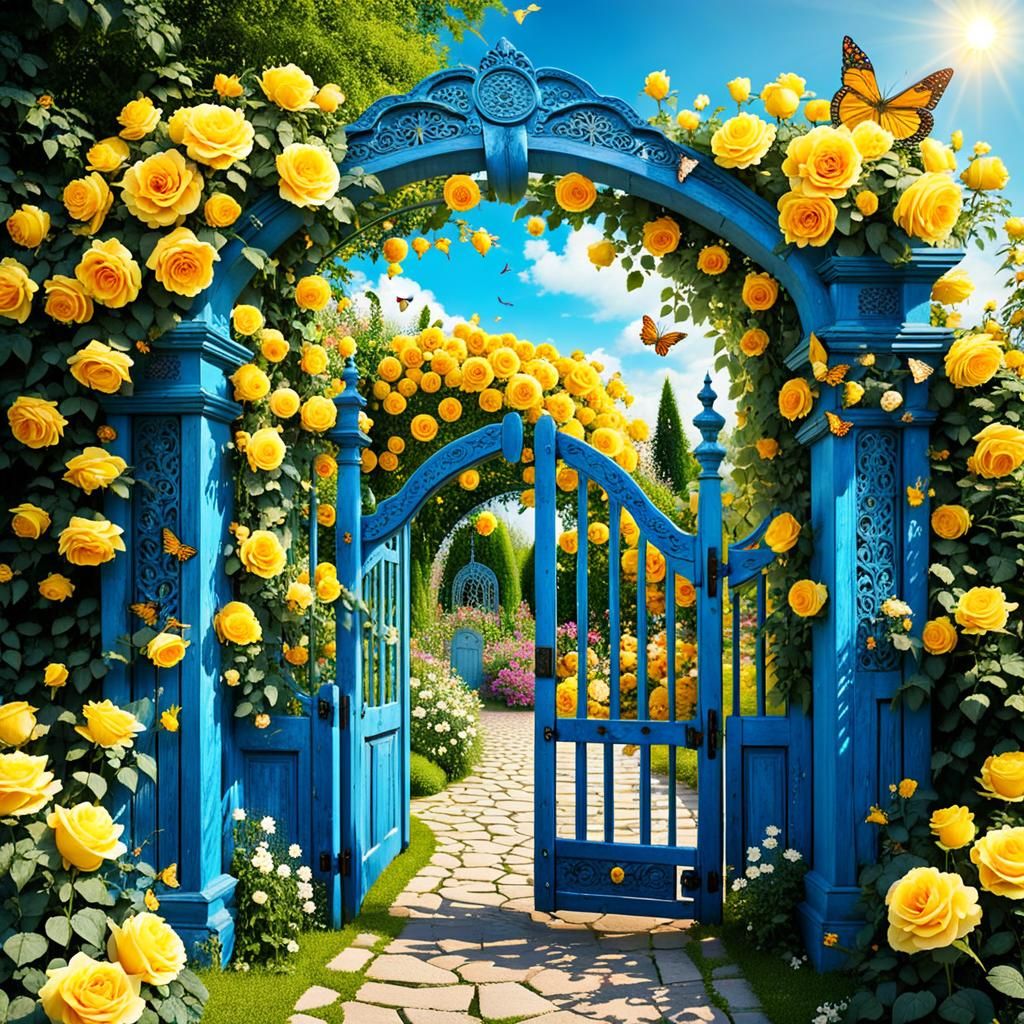 Ornate Blue Garden Gate to Floral Secret Garden