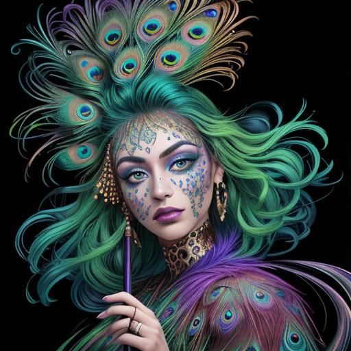 Peacock Haired Woman in Vibrant Abstract Fauvism Style