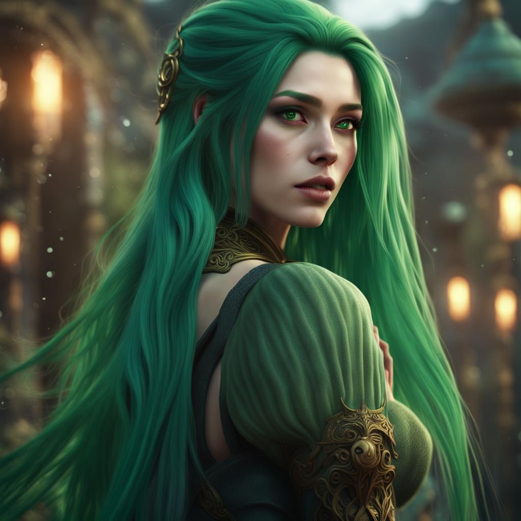 Green Haired Girl: Detailed Fantasy Art