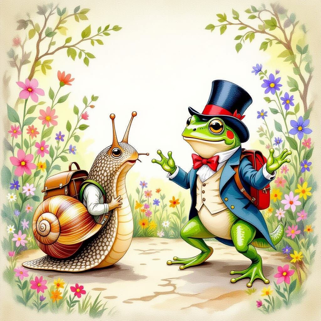 Dancing Frog and Snail in Garden, Watercolor Style