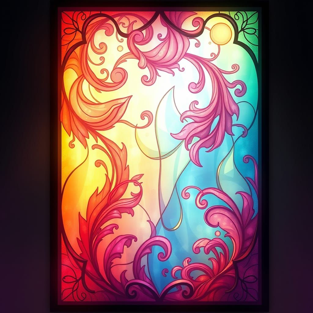 Dreamlike Stained Glass Window with Whimsical, Organic Shape...