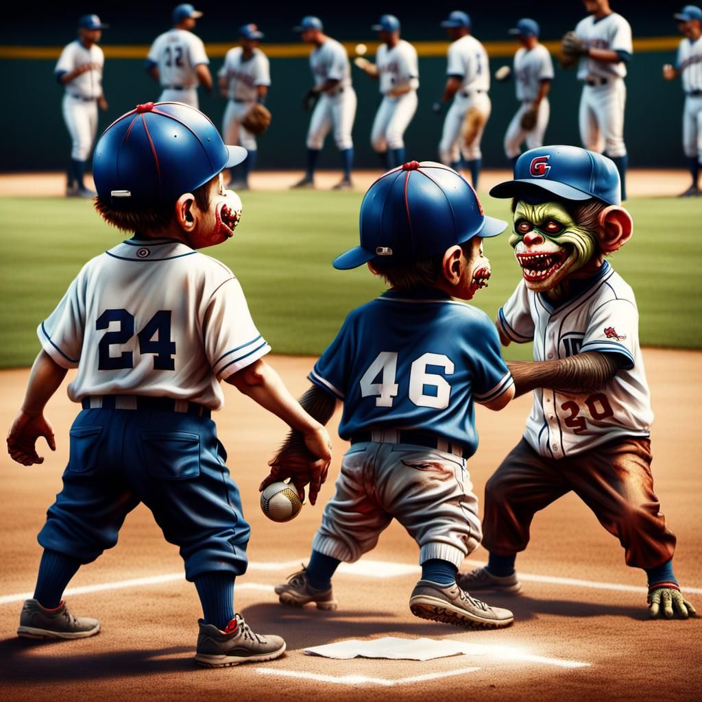 Zombie Monkey Clown Toddlers Playing Baseball: Digital Matte...