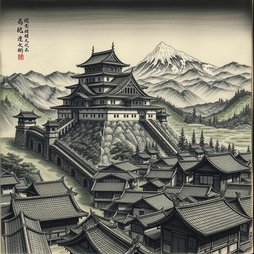 Japanese Castle Village in Hyperdetailed Charcoal Drawing