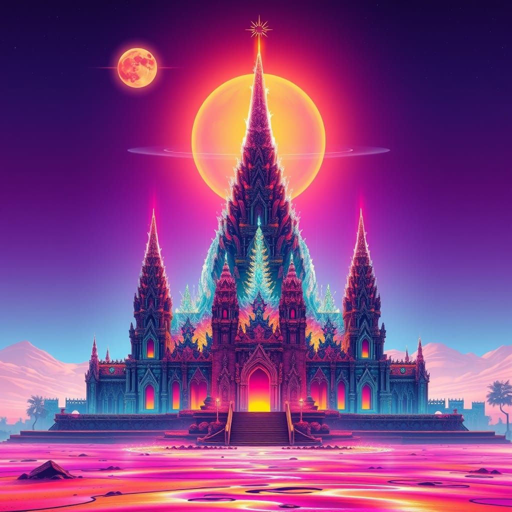 Surreal, Twin Suns Temple in Iridescent Desert Landscape
