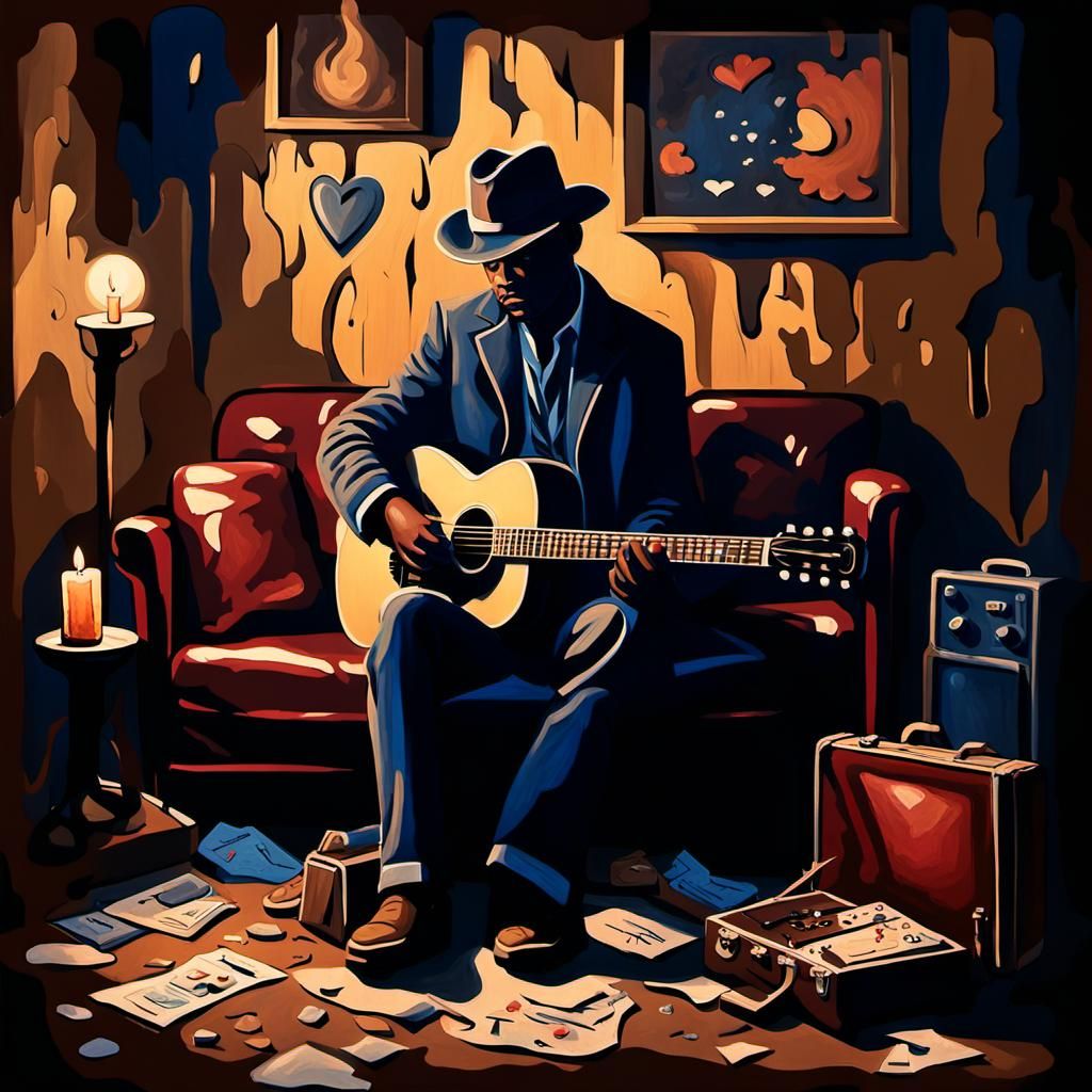 Lonely Bluesman in Smoky Backroom: Oil Painting