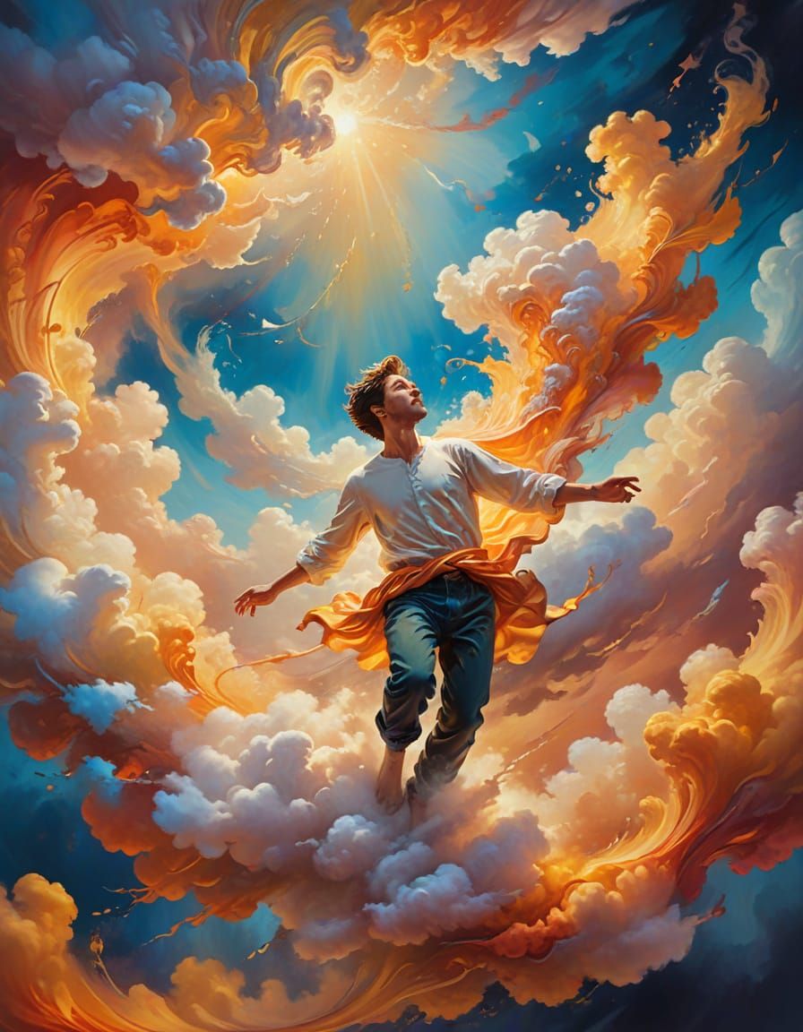 Surreal Oil Painting of Person Floating in Swirling Colors
