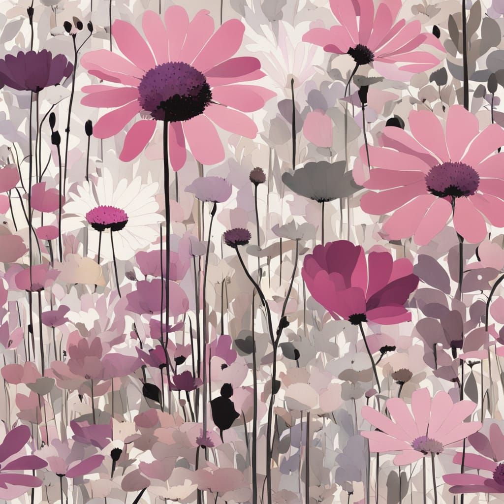 Vibrant Mondrian Style Wildflowers in Pink and Silver