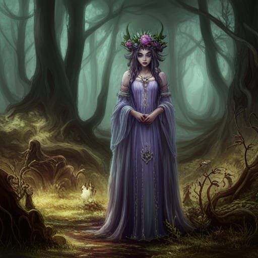 Voodoo Elf Queen in Foggy Forest: Detailed Matte Painting