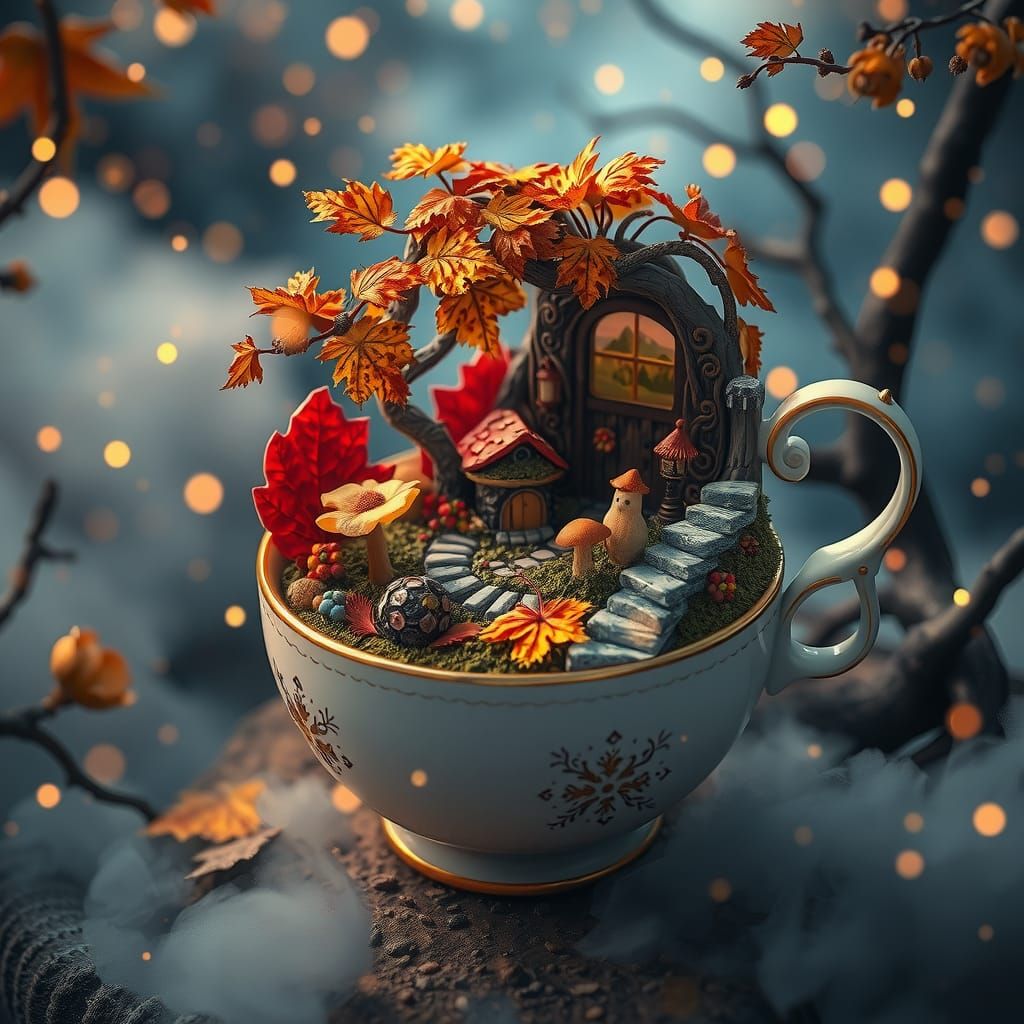 Miniature Autumn Fantasy World in Teacup