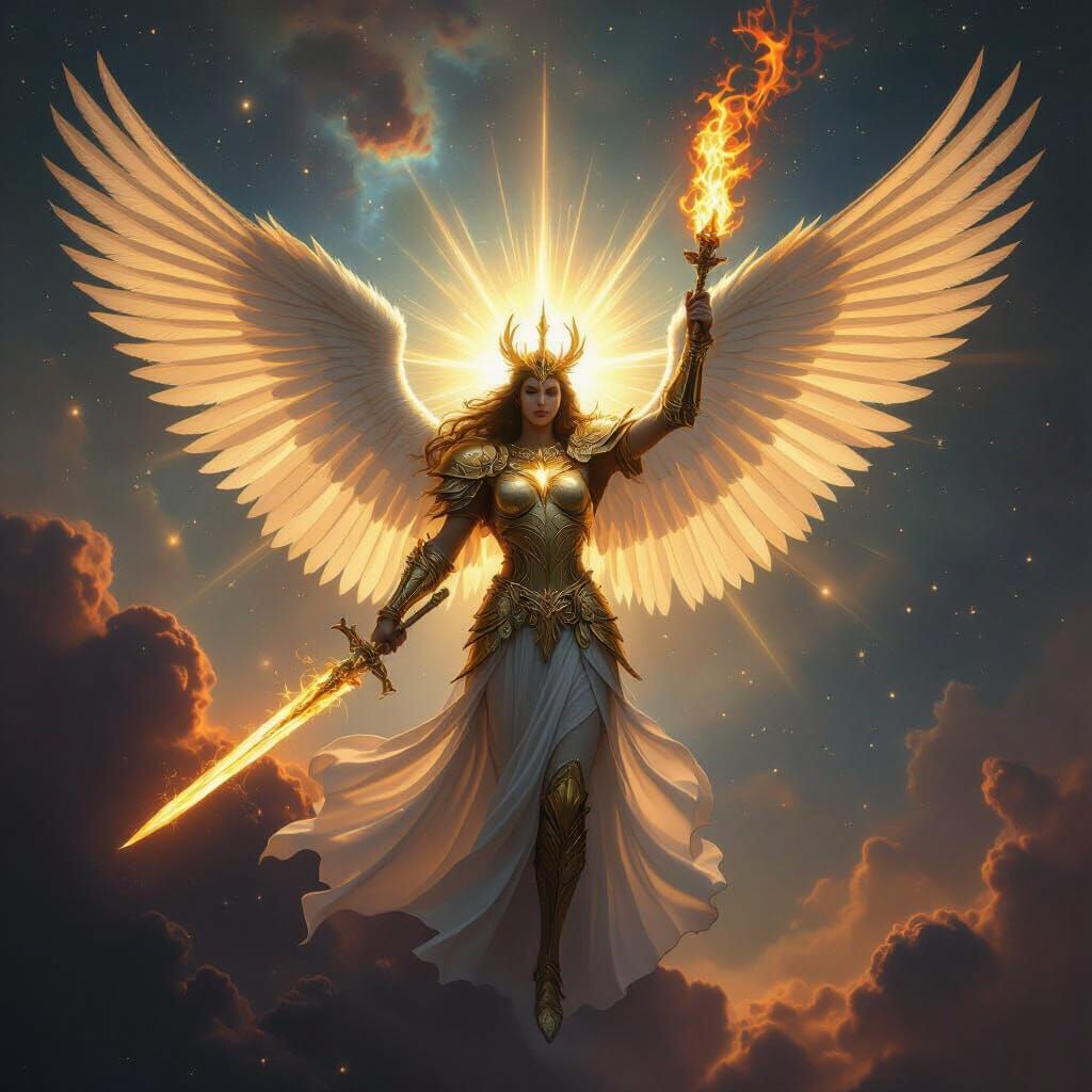 Celestial Seraphim with Flaming Sword in Cosmic Art Style