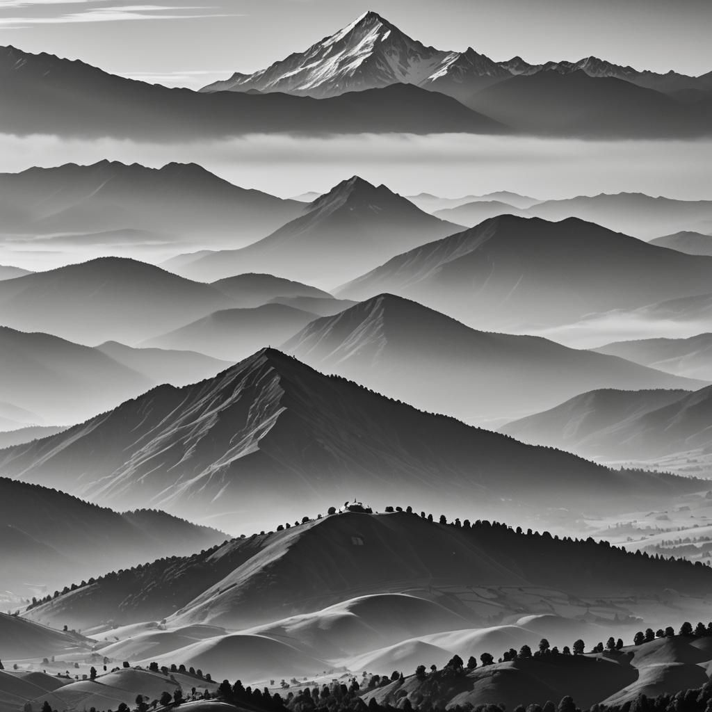 Monochrome Mountain Peak in Mist: Dramatic Photography