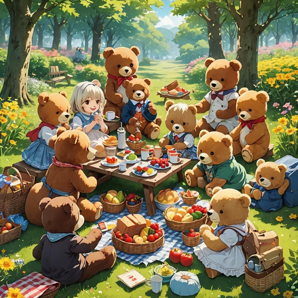 Anime Style: Cute Teddy Bear Picnic in Sunshine