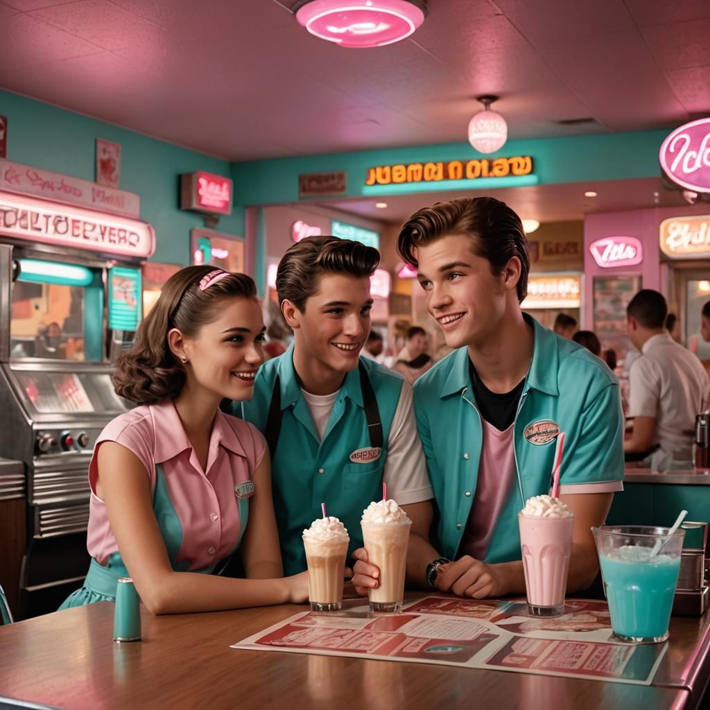 Retro Diner Scene with Teenagers in 1950s Style