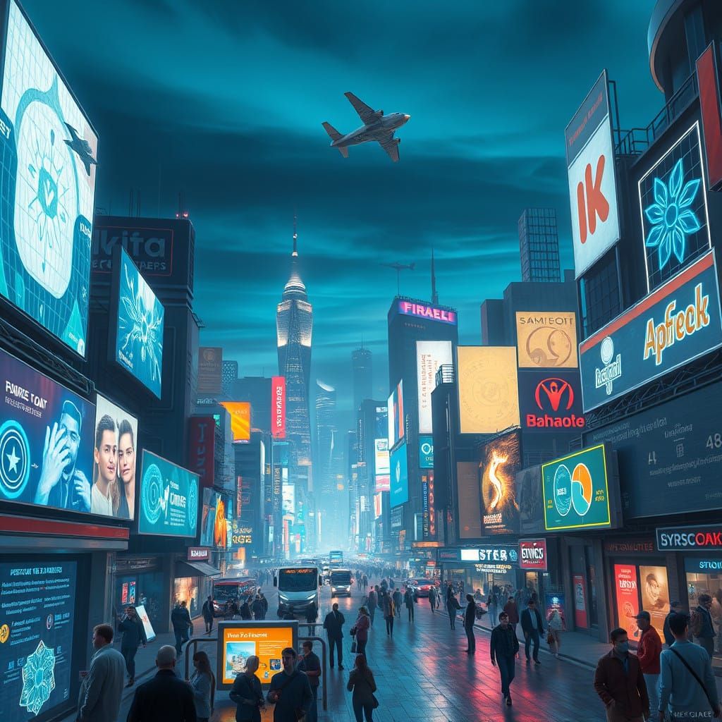 Futuristic Cityscape with Holographic Advertisements and Int...